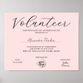 Poster Certificat de reconnaissance de bénévole rose simp (Devant)