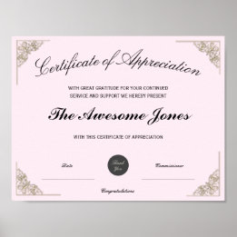 Poster Certificat de reconnaissance rose Logo personnalis