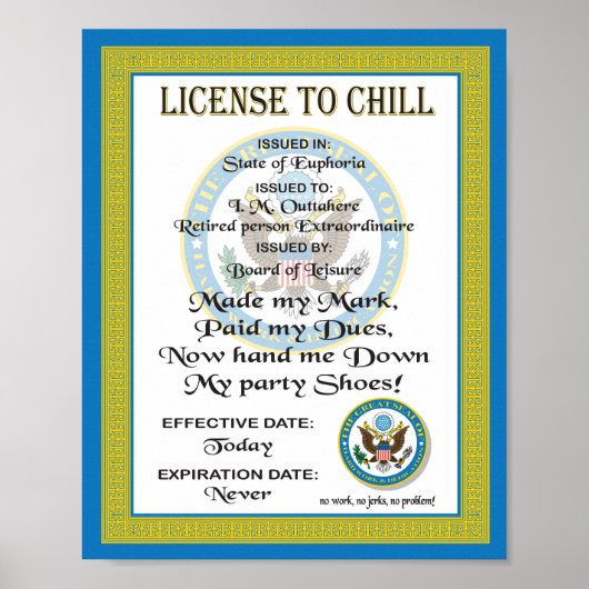 Poster Certificat de retraite Licence de se détendre (Devant)