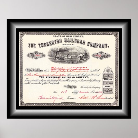Poster Certificat de Stock de Tuckerton Railroad Company (Devant)