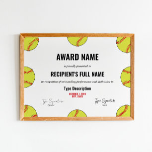 Poster Certificat d'excellence de softball