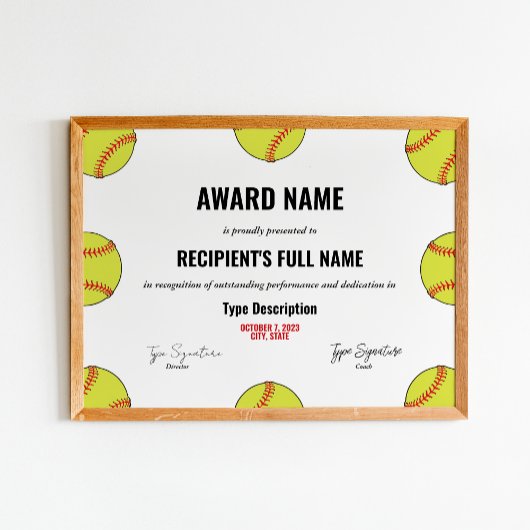 Poster Certificat d'excellence de softball