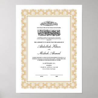Poster Certificat Gold Nikkah pour le Mariage musulman is