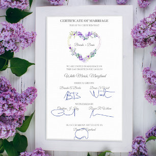 Poster Certificat mariage Aquarelle violette Coeur floral