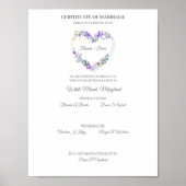 Poster Certificat mariage Aquarelle violette Coeur floral (Devant)