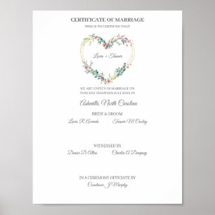 Poster Certificat mariage Coeur rose floral