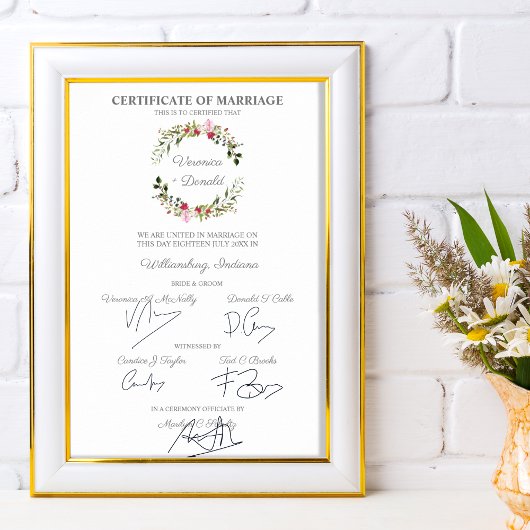 Poster Certificat mariage Couronne florale rouge et rose