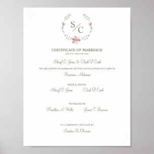 Poster Certificat Mariage de couleur rose floral