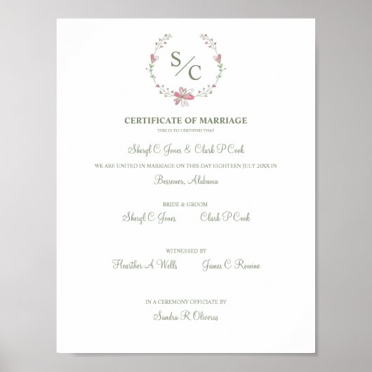 Poster Certificat Mariage de couleur rose floral (Devant)