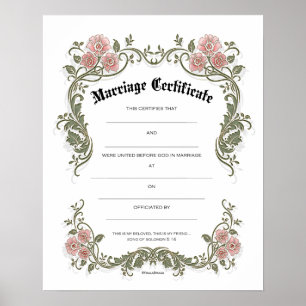 Poster Certificat Mariage de mariage rose floral