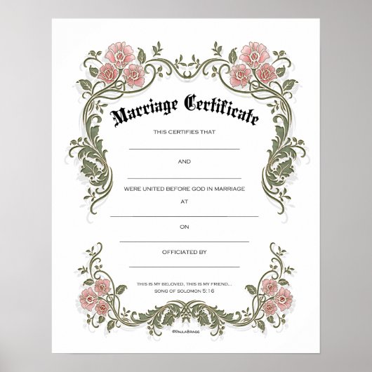 Poster Certificat Mariage de mariage rose floral (Devant)