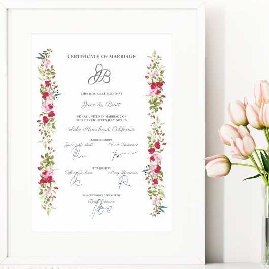 Poster Certificat mariage Floral Rose & Rouge Garland