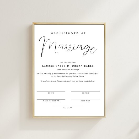 Poster Certificat Minimaliste Simple De Mariage