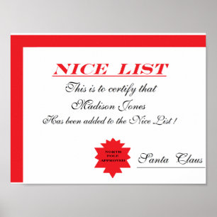 Poster Certificat "Nice de la liste" de Père Noël
