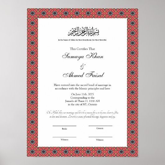 Poster Certificat nikkah cadre rouge (Devant)