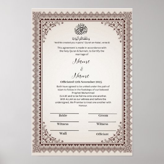 Poster Certificat Nikkah frontière florale islamique (Devant)