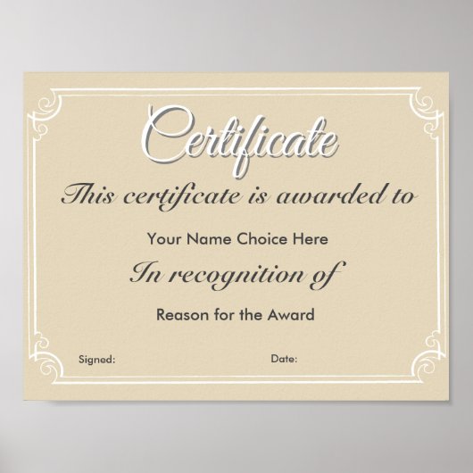 Poster Certificat ou attribution (Devant)