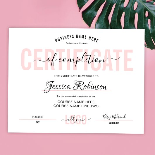 Poster Certificat Rose Féminin Récompense Téléchargeable