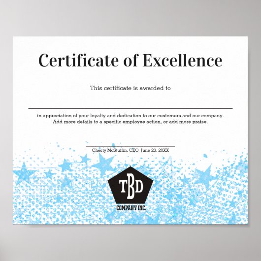 Poster Certificate of excellence staff employee award (Devant)