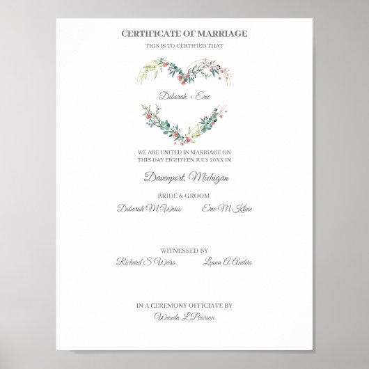 Poster Certificate of Marriage Floral Heart in Pink (Devant)