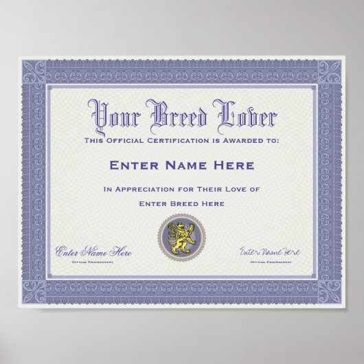 Poster Certification personnalisée de l'amoureux de race  (Devant)