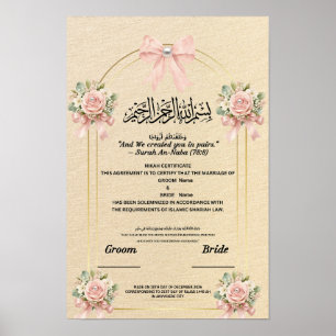 Poster CertificatNikahIslamique Ruban RosePâle Perle Fleu