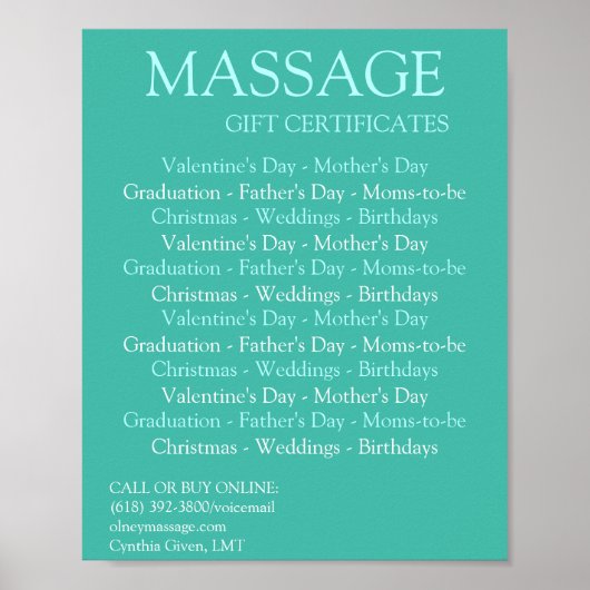 Poster Certificats cadeaux de massage BLUE (Devant)