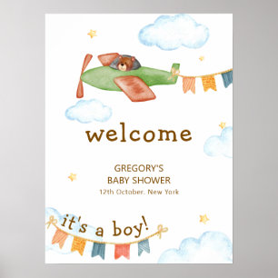 Poster C'est un garçon Ours Avion Ciel Baby Shower Bienve