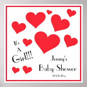 Poster C'est une fille ! Joyeux cœurs rouges Baby Shower 