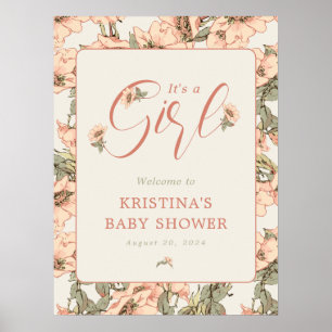 Poster C'est une fille rose Roses Baby shower Bienvenue