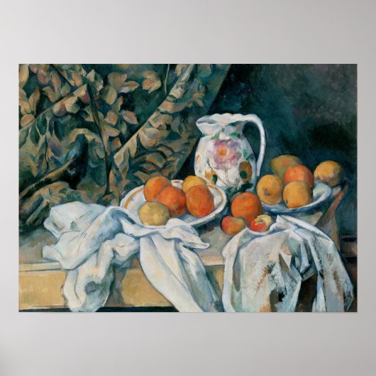 Poster Cézanne - Nature morte avec rideau et pichet fleur (Devant)