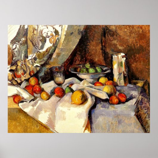 Poster Cezanne - Still Life Post, Bottle, Cup and Fruit (Devant)