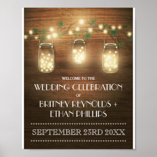 Poster Chaîne Lumières Rustique Mason Jar Mariage Bienven