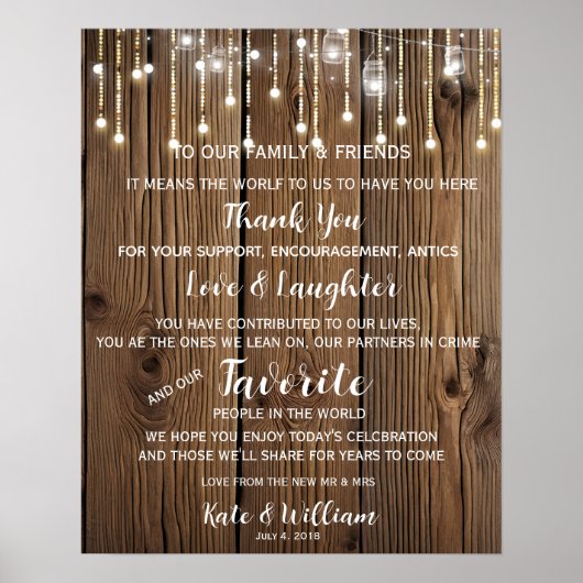 Poster Chaîne rustique de lumières Merci signe mariage (Devant)