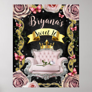Poster Chaise rose Roses Papillons Panneau de bienvenue S