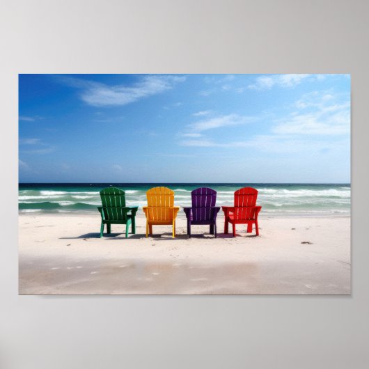 Poster Chaises de couleur vive sur une plage vide (Devant)