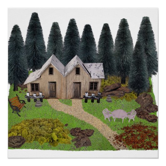 Poster Chalet cabine dans la forêt (Devant)
