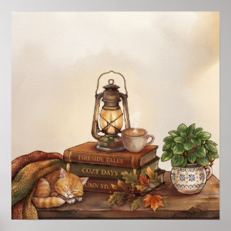 Poster Chalet d'Automne Hygge, Kitten Endormi & Café Fuma