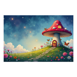 Poster Chalet de champignons enchanté dans une prairie rê