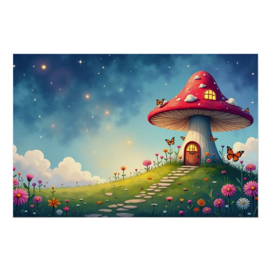 Poster Chalet de champignons enchanté dans une prairie rê (Devant)