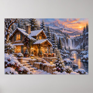 Poster Chalet d'hiver cosy au bord d'une cascade de monta