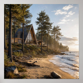Poster Chalet en A par côté du lac