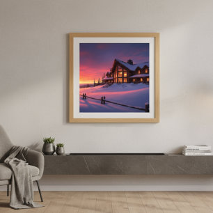 Poster Chalet Lodge Alpine Coucher de soleil hivernal