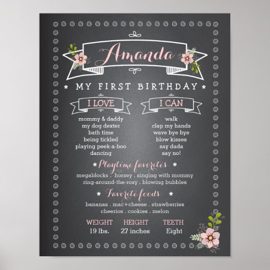 Poster Chalkboard Baby First Birthday Milestone Board (Devant)