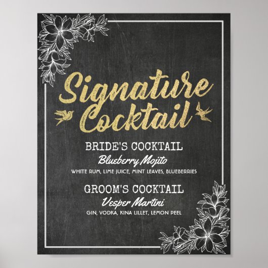 Poster Chalkboard Floral Mariage Signature Menu boisson (Devant)