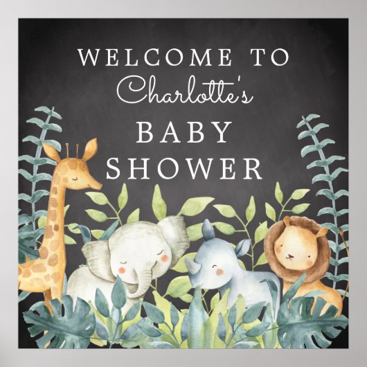 Poster Chalkboard Jungle Animaux Baby shower Bienvenue (Devant)
