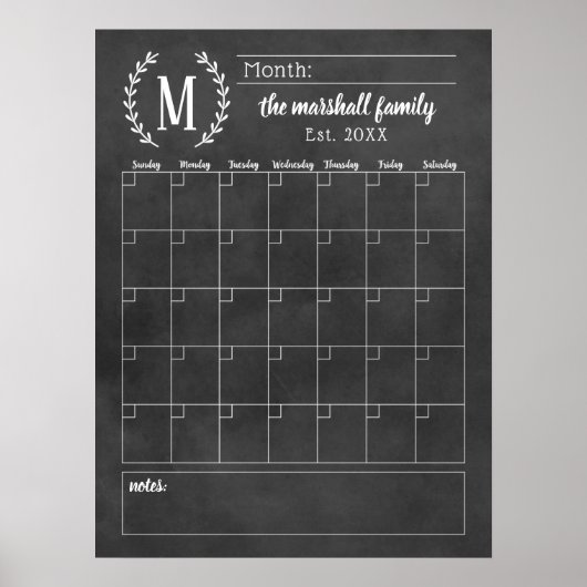 Poster Chalkboard Monthly Family Monogram Calendar (Devant)