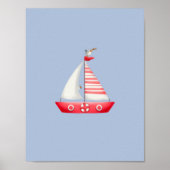 Poster Chambre bébé Bateau à voile rouge avec mouettes na (Devant)