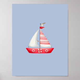 Poster Chambre bébé Bateau à voile rouge avec mouettes na