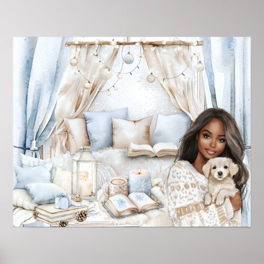 Poster Chambre Bleue Hiver Cosy Ado Noir Fille et Chiot (Devant)